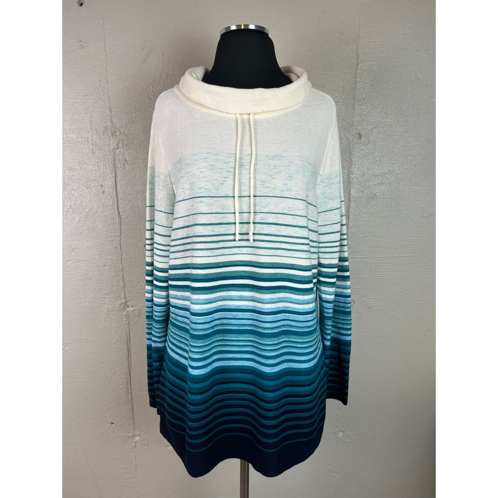 T by TALBOTS Women’s SWEATER Blue White Ombré Stripe Long Sleeve Cowl Neck Large